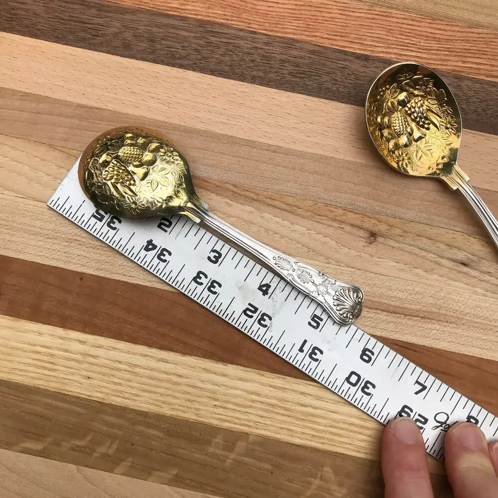 2 W. A. Sheffield KING Silverplate Gold Wash Jelly Spoons - fruit embossed
